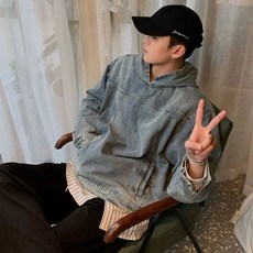 復古水洗牛仔連帽外套 男女同款 長袖上衣 帽T 工裝外套