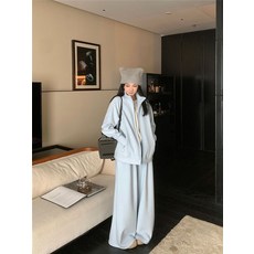 150.0kg大碼休閒運動套裝女秋冬胖mm寬鬆加厚立領外套 闊腿褲兩件套