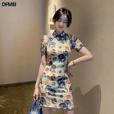DFMEI 여름 세미 국풍 숏 문예 캐릭터 빈티지 시크 치파오 원피스 1991
