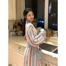 撞色條紋針織絨毛家居服睡袍