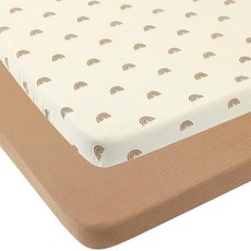 Onacosht 모슬린 미니 아기 침대 시트 99.1 x 68.6cm(39 x 27인치) 팩 앤 플레이 매트리스 시트 팩 앤 플레이에 적합 남아 여아용 부드러운 면 2팩, Pack n Play Sheets 39" x 27", 브라운과 레인보우