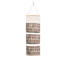 棉麻防水牆上掛袋 居家收納置物袋, 三層掛袋-咖啡格紋