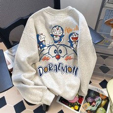 秋冬新品 日系卡通哆啦a夢印花圓領衛衣秋冬季加絨加厚寬鬆百搭情侶款上衣