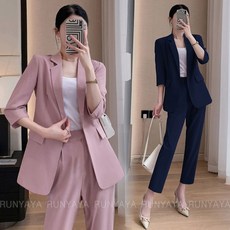 정장세트 여성 여름 빅사이즈 정장 자켓 세미정장 아우터 상의 + 뒤밴딩 긴 바지 상하의 D88U