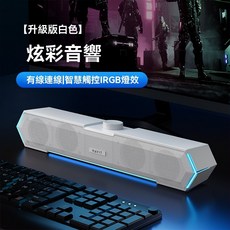 Havit 電腦長條喇叭 RGB炫彩燈光 USB有線連結, 白色【M19升級有缐款-RGB炫彩燈光】,内附音源缐3.5mm+電源缐