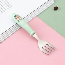 304不銹鋼寶寶專用學習湯叉組 輔食卡通兒童便攜餐具, 1個, HAPPY豬綠,一個勺子