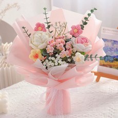 針織玫瑰仿真花束 教師節創意禮物, 2朵玫瑰混搭款--粉色:如圖所示