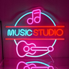음악 스튜디오 네온사인 핑크색 노트와 기타 홈 스튜디오 바 밴드룸 빈티지 LED 벽 장식 발광 데코레이션, [01] 34x28cm