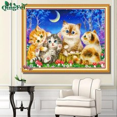 달빛 아래 귀여운 풍경화 고양이 반팔 보석십자수, 1개, E193 고양이 가족 90X70 면직물 실 4가닥 풀