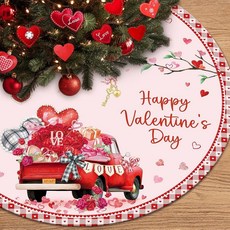 해피 발렌타인 데이 트리 스커트 121.9cm(48인치) 러브 카 하트 매트 토퍼 레드 핑크 버팔로 격자무늬 로맨틱 장식 휴일 파티 실내 실외 (레드 121.9cm(48인치)