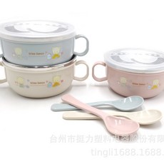 嬰幼兒輔食碗 雙層隔熱 寶寶卡通不鏽鋼碗 附湯匙, 粉色、米色、藍色, 1個