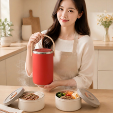 마술사 대용량 스텐 보온도시락 분리형 전자레인지 도시락, 1세트, 2000ML 2단 레드