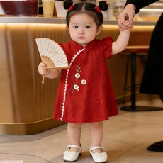 DFMEI 夏季嬰兒短袖裙子緞面大紅寶寶週歲禮服新生兒滿月旗袍