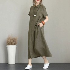 105kg까지 빅사이즈 여성 여름 오버핏 편안한 면마 단색 카라넥 포켓 단추 롱 원피스