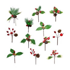 仿真松針圣誕樹裝飾配件松果漿果紅果裝飾品圣誕松針聖誕節節慶派對裝飾聖誕掛飾聖誕佈置耶誕居家佈置, 12款各1支/套, 1個