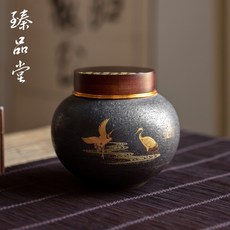 木蓋陶瓷茶葉罐 大號家用密封儲物罐 紅茶/普洱茶倉 小茶罐 茶葉收納, 銀斑釉茶葉罐—仙鶴大號, 1個