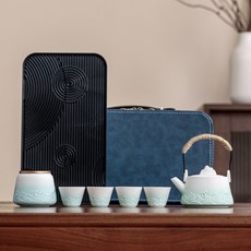 海浪功夫茶具禮盒套裝 輕奢高檔泡茶茶壺蓋碗整套 商務禮品茶盤, 海浪提樑壺茶具套（小號茶盤）-漸變藍, 1個