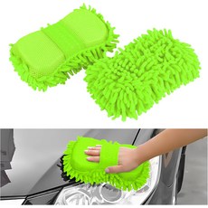2PCS 극세사 세차 스펀지 양면 샤닐 장갑 스크래치 프리 및 보풀 흡수성 자동차 자동 청소 용품 녹색, Fluorescent Green