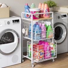 Huxitocan 풀아웃 바구니가 있는 3단 세탁실 카트 바퀴 달린 유틸리티 카트 롤링 보관 욕실 정리함 선반 목재 상단 정리 및 보관 퓨어 화이트 242542, Huxitocan 풀아웃 바구니가 있는 3단 세탁실 카