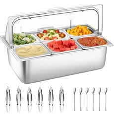 Qmeeki 조리대 음식 서빙 디스플레이 용기 투명 롤탑 커버 스테인리스 스틸 트레이 뷔페 디스펜서 얼음 냉각 진열대 팬(6팬), 21 x 13 x 13