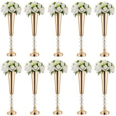 Inweder 메탈 골드 트럼펫 꽃병 - 센터피스용 톨 테이블 탑 2개 52.8cm(20.9인치) 결혼식 생일 홈 데코용 꽃 스탠드, Gold, 2 Pcs - 20.8in