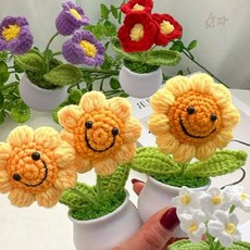 수제 털실 해바라기 꽃 화분 장식 소품 인테리어 집들이 선물 답례품 기념품, 1개, 핑크
