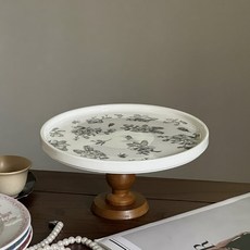 展示盤 復古花卉圖案陶瓷盤面, 棕色木質高腳