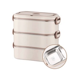 Shipshape 스테인리스강 보온도시락 파오차이저장함 다용도케이스 전자레인지 가열 수납함포함 장아찌용기, 1세트, 베이지-3단