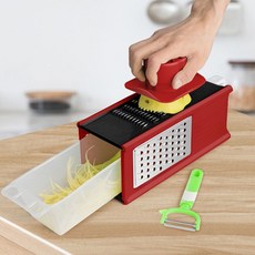 五合一多功能切菜器 切絲神器 家用刨絲器 土豆絲切絲器 擦絲檸檬切片, 綠白,經典款+配護手器+刨刀+菜盒2, 1個