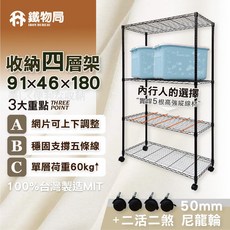 鐵物局MIT經典-鐵力士架/收納架/波浪架, 銀91x46x180四層架+50mm尼輪