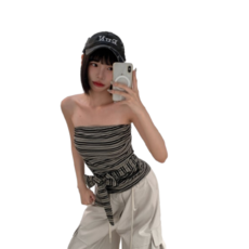 歐美橫條紋平口綁帶背心