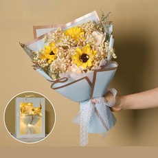 Zebeer 이벤트용 프리저브드플라워 시들지않는 장미 해바라기 안개꽃다발, 해바라기*파랑
