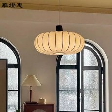 華燈惠 日式侘寂風餐廳吊燈 中古大氣主臥室客廳南瓜吊燈 創意民宿新中式布藝燈, 40CM原版-仿蠶絲，非佈藝款