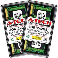 에이테크 4GB(2x2GB) DDR2 667MHz SODIMM PC2-5300 1.8V CL5 200핀 비완충 노트북 RAM 메모리 업그레이드 키트, (2GB x 2) | 4GB Kit, DDR2 667MHz (PC2-5300)