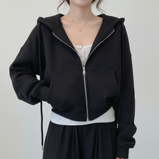 쁘띠엘라 후드 집업 세미 크롭 기모 가디건