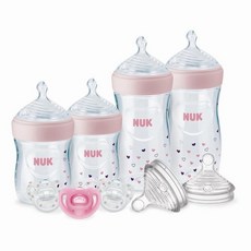 NUK Simply Natural 아기 젖병과 SafeTemp 선물 세트 - 병 4개 젖꼭지 3개 교체용 젖병 젖꼭지 2개 포함., 9 Pack, Pink