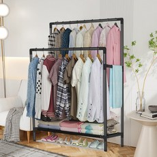 튼튼한 수납 철제 행거 고정식 2단 드레스룸 조립식 스탠드 선반, 블랙, 블랙