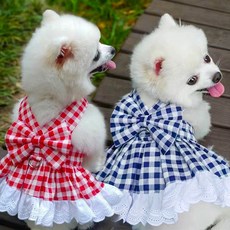 嗨購 寵物格子裙胸背帶牽引繩 泰迪比熊法鬥小型犬貓外出服裝, 273D紅格花邊裙,M(胸圍40cm建議, 1個