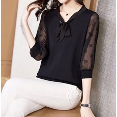 Neirny 중장년여성 빅사이즈 브이넥 쉬폰 블라우스 봄가을 루즈핏 리본 레이스 기질 고급 패션 슬림핏 레깅스 셔츠