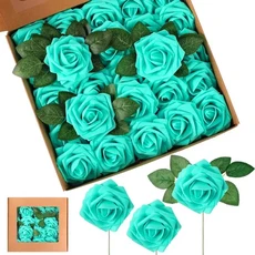 인조 장미 10개 센터피스 포함 웨딩 25개 부케 줄기, 25PCS, Tiffany BlueNo leaf