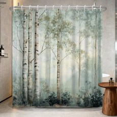 Xiazhilaio 미스티 포레스트 샤워 커튼 180.9 x 188.9cm(71 74인치) - 자연 숲 자작나무 프린트 방수 목욕 커튼 녹 방지 후크 욕실 표준 욕조용 보헤