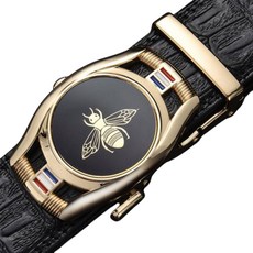 男士鱷魚紋自動扣皮帶 時尚蜜蜂圖案設計 黑色皮革腰帶 展現成熟男士的品味與質感