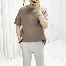 남성용 데끼 절개 트임 라운드 니트 반팔 티셔츠