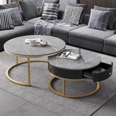 現代簡約圓形巖闆茶幾，小戶型客廳創意石材玻璃組閤茶桌，多功能圓形茶几, 80+60雙阿瑪尼灰-黑抽屜金腳, 1個