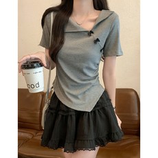 ANYOU 여름 여성 반팔 티셔츠 슬림 핏 비대칭 디자인 상의