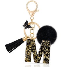 MWOOT 이니셜 키체인 레진 레터 J 키체인 귀여운 자동차 키링 나비 태슬이 있는 알파벳 키 체인 블랙 골드 포일 키체인 폼폼 키체인 여성용 지갑 가방 핸드백 장식 (, 블랙-M