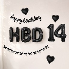 해피제이니 HBD 이니셜 생일 호일풍선 블랙 리본 생일가랜드 파티용품 세트, 1세트, 블랙풀세트 숫자14