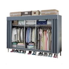 簡易衣櫃 布衣櫃 全鋼架衣櫃 超強耐重組裝衣櫃 鋼架加粗 帶抽屜 組裝加粗厚落地衣櫥 收納櫃, 長205青灰(全合金接頭 加厚布套)