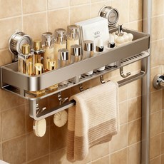 KEMEI 초강력 진공흡착 무타공 욕실선반 다용도 수납 정리함 (수건걸이+이동식 후크) 건그레이