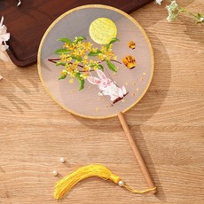 DIU 刺繡團扇古風漢服扇子中國風旗袍兒童圓扇夏天舞蹈扇流蘇, 1個, 月華-a:如圖